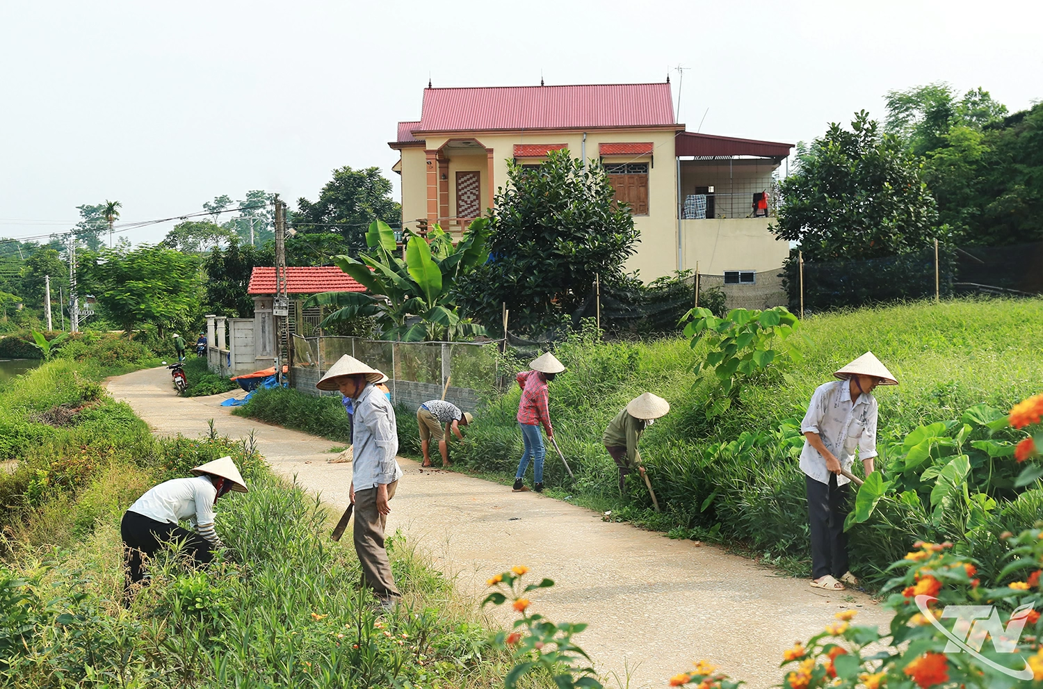 Người dân xã Bình Thành tham gia vệ sinh đường làng, tạo cảnh quan xanh, sạch, đẹp, góp phần xây dựng nông thôn mới.