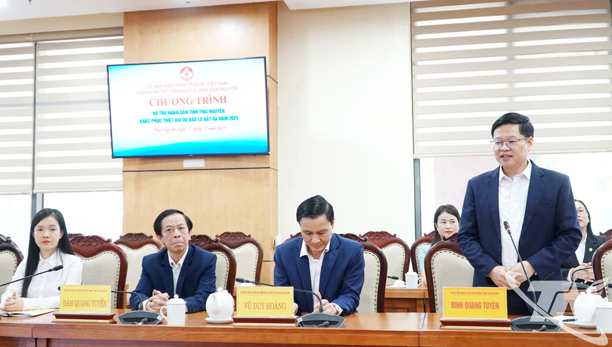 Đồng chí Đinh Quang Tuyên, Phó Bí thư Tỉnh ủy, Chủ tịch Ủy ban MTTQ tỉnh phát biểu tại buổi tiếp nhận.