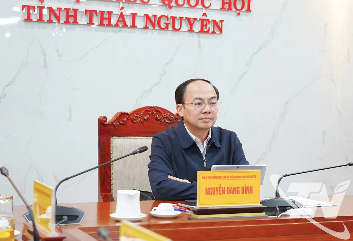 Đồng chí Nguyễn Đăng Bình, Phó Bí thư Thường trực Tỉnh ủy, Chủ tịch HĐND tỉnh dự Hội nghị tại điểm cầu Thái Nguyên.