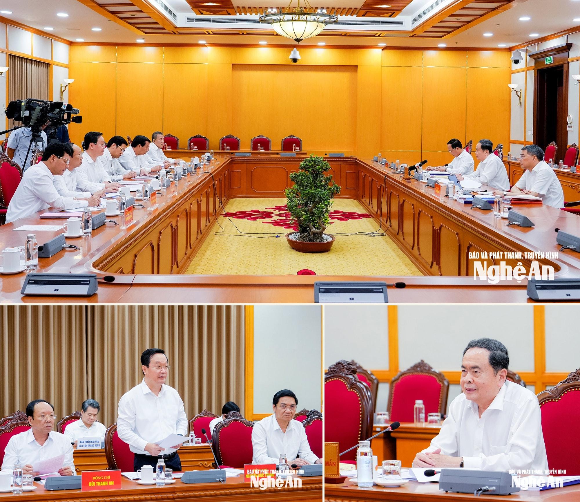 Bộ Chính trị làm việc với Ban Thường vụ Tỉnh ủy Nghệ An để cho ý kiến vào dự thảo văn kiện và phương án nhân sự cấp ủy trình Đại hội đại biểu Đảng bộ tỉnh lần thứ XX, nhiệm kỳ 2025 - 2030. Ảnh: Phạm Bằng