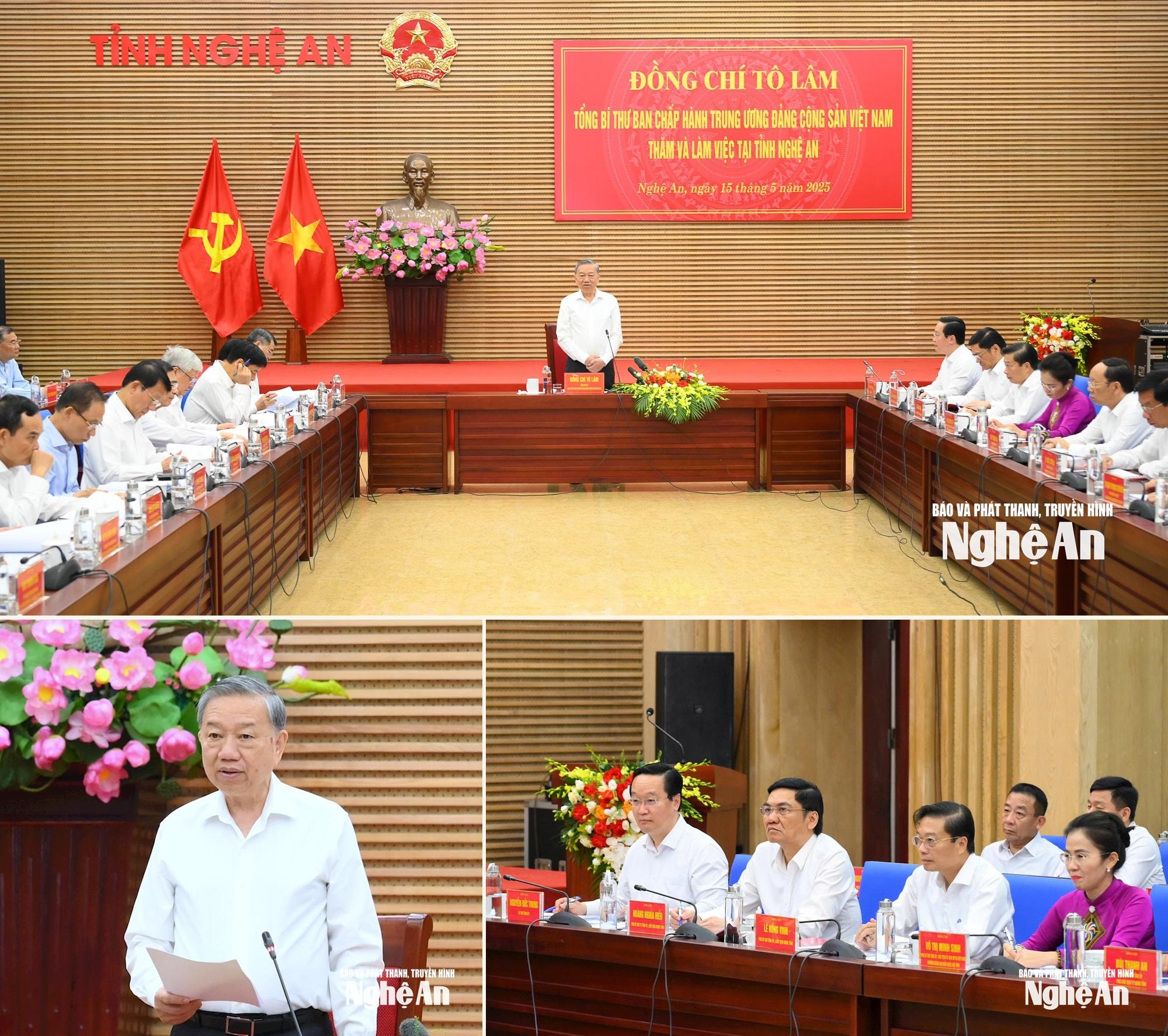 Tổng Bí thư Tô Lâm làm việc với Ban Thường vụ Tỉnh ủy Nghệ An. Ảnh: Thành Cường