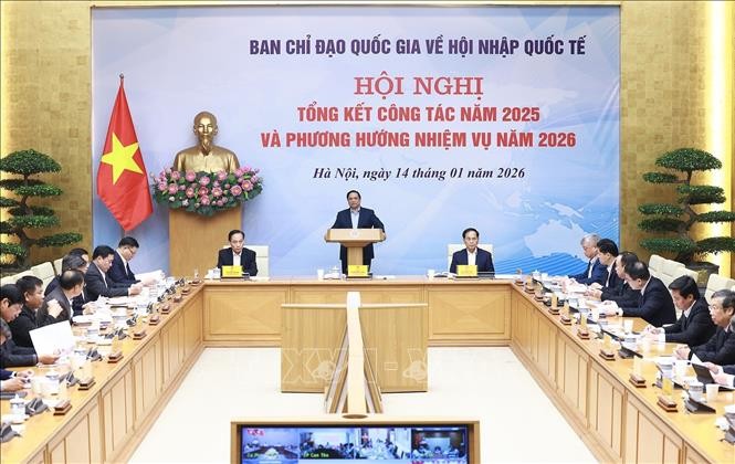Thủ tướng Phạm Minh Ch&iacute;nh chủ tr&igrave; Hội nghị tổng kết c&ocirc;ng t&aacute;c năm 2025 của Ban Chỉ đạo Quốc gia về hội nhập quốc tế, ng&agrave;y 14/1/2026.