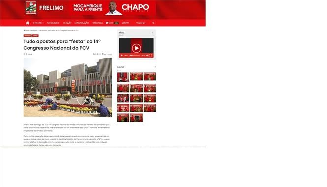 Bản tin của Đảng Mặt trận Giải ph&oacute;ng Mozambique (Frelimo) đưa tin về kh&ocirc;ng kh&iacute; chuẩn bị Đại hội đại biểu to&agrave;n quốc lần thứ XIV của Đảng Cộng sản Việt Nam (ĐCSVN). Ảnh chụp m&agrave;n h&igrave;nh