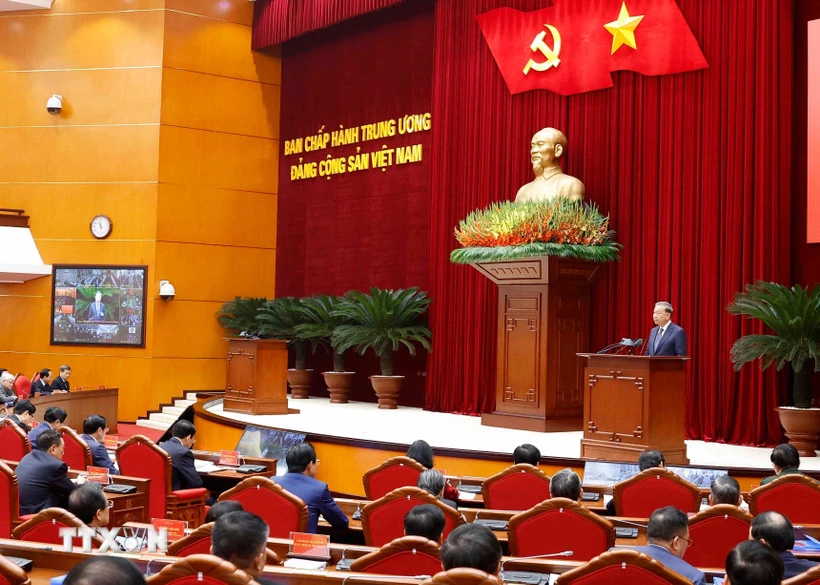 Tổng B&iacute; thư T&ocirc; L&acirc;m ph&aacute;t biểu chỉ đạo tại Hội nghị to&agrave;n quốc tổng kết c&ocirc;ng t&aacute;c ph&ograve;ng chống tham nhũng, l&atilde;ng ph&iacute;, ti&ecirc;u cực nhiệm kỳ Đại hội XIII của Đảng. (Ảnh: Thống Nhất/ TTXVN)