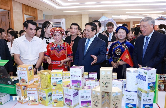 Thủ tướng Phạm Minh Chính tham quan trưng sản phẩm OCOP tại Hội nghị tổng kết Chương trình và Phong trào thi đua “Cả nước chung tay xóa nhà tạm, nhà dột nát”. (Ảnh: Dương Giang/TTXVN) ttxvn-thu-tuong-chu-tri-hoi-nghi-tong-ket-chuong-trinh-va-phong-trao-thi-dua-ca-nuoc-chung-tay-xoa-nha-tam-nha-dot-nat-8234904-7.jpg