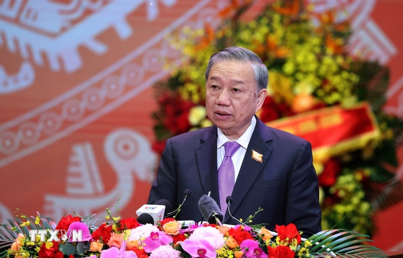 Tổng Bí thư Tô Lâm phát biểu tại Lễ kỷ niệm 80 năm thành lập Chính phủ. (Ảnh: Thống Nhất/TTXVN)