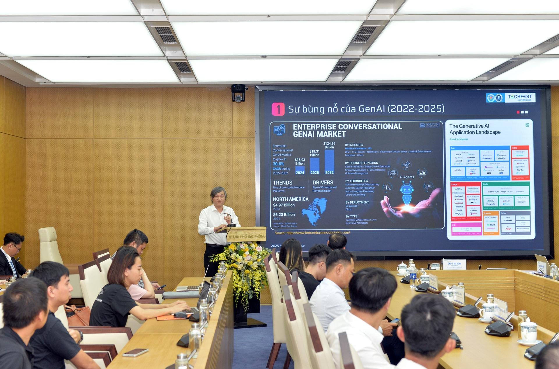 Phó giáo sư, Tiến sĩ Lê Đắc Nhường, Khoa công nghệ thông tin, Trường Đại học Hải Phòng phát biểu tham luận về AI tạo sinh