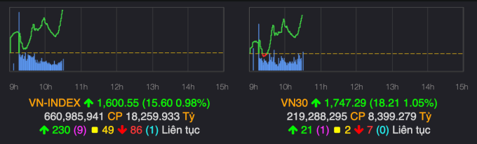 Đồ thị VN-Index và VN30 trong phiên sáng 11/8. Ảnh chụp màn hình