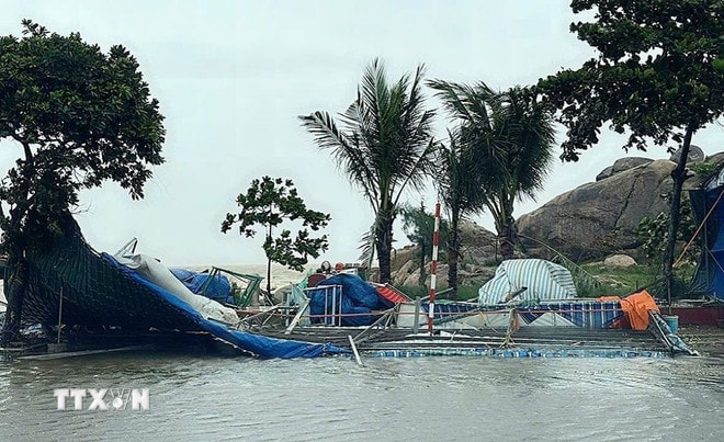 Khu lán trại phục vụ du lịch ven biển Sầm Sơn bị gió mạnh đêm 25/8 đánh sập. (Ảnh: Việt Hoàng/TTXVN) ttxvn-khu-du-lich-sam-son-thanh-hoa-tan-hoang-sau-bao-so-5-8235279.jpg
