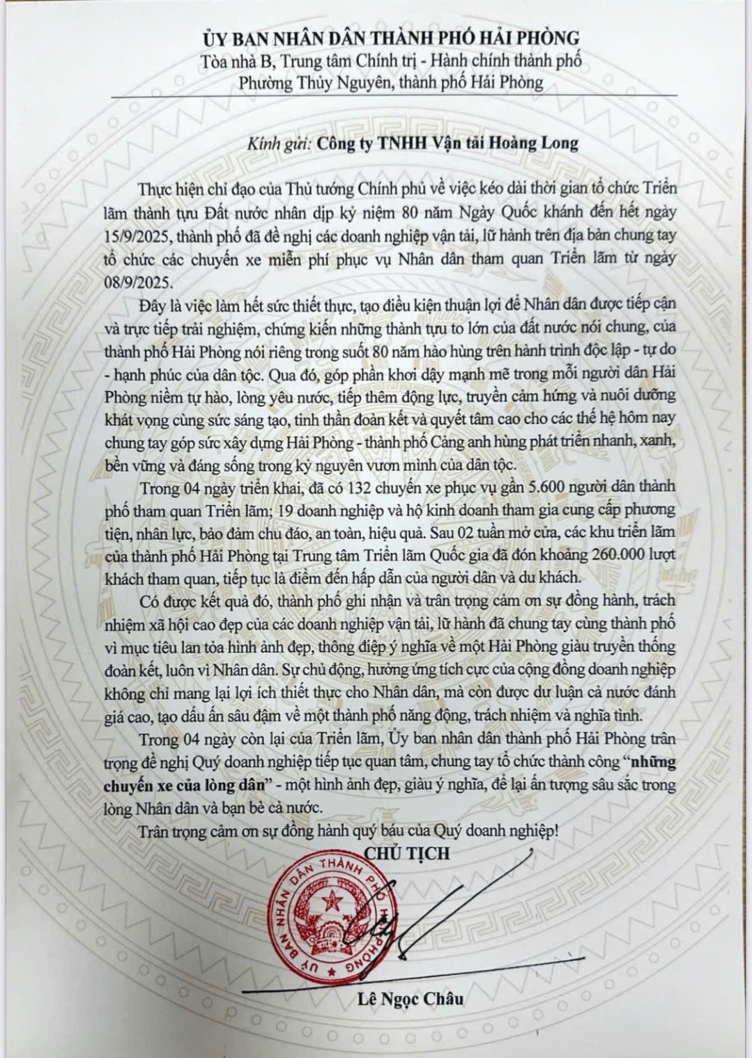 Thư cảm ơn của Chủ tịch UBND thành phố