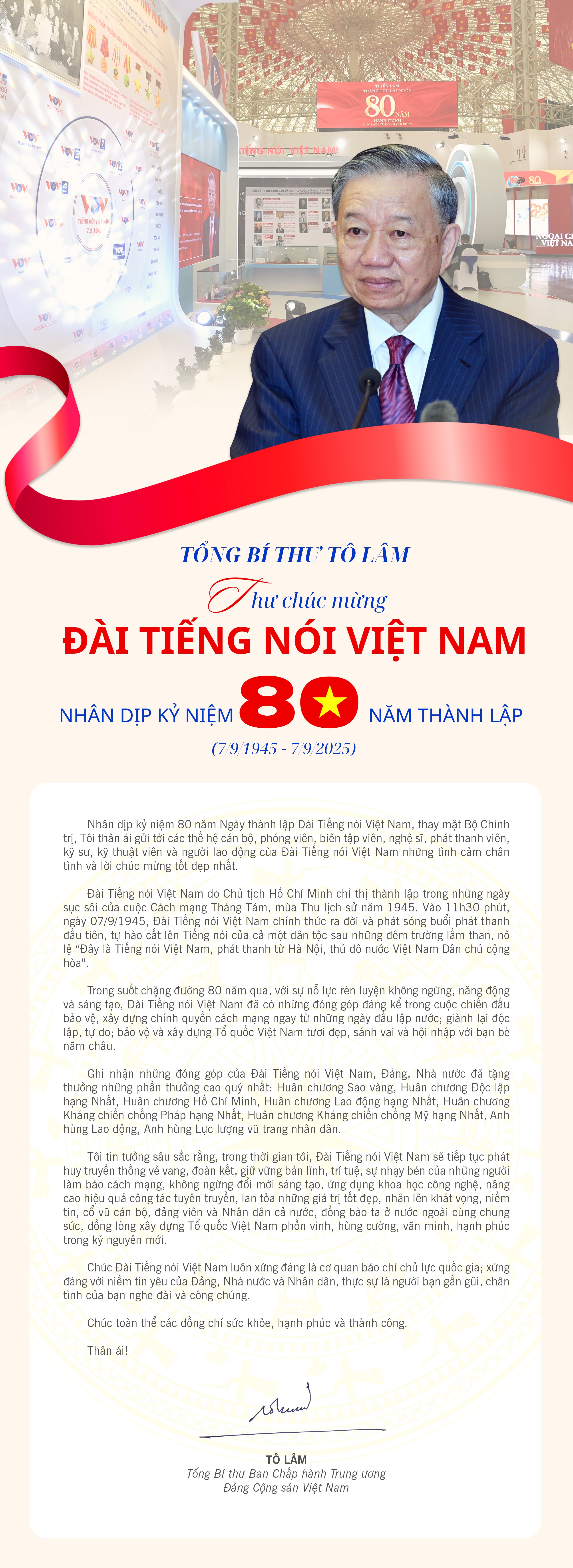 Tổng Bí thư Tô Lâm gửi thư chúc mừng Đài Tiếng nói Việt Nam