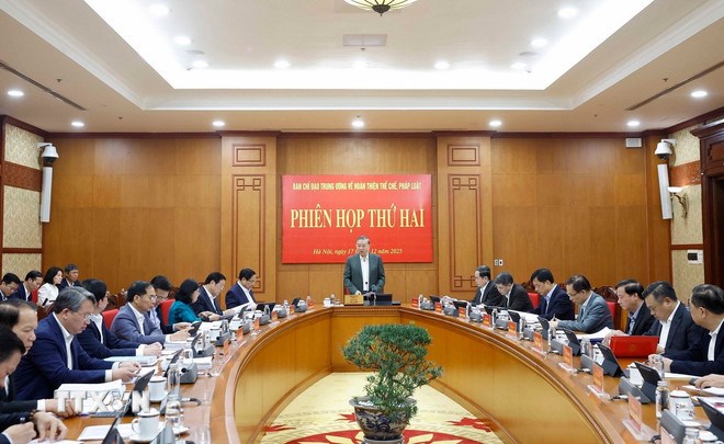 Tổng Bí thư Tô Lâm phát biểu tại phiên họp thứ hai của Ban Chỉ đạo Trung ương về hoàn thiện thể chế, pháp luật. (Ảnh: TTXVN)