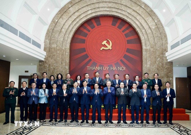 Tổng B&iacute; thư T&ocirc; L&acirc;m, Thủ tướng Phạm Minh Ch&iacute;nh, Chủ tịch Quốc hội Trần Thanh Mẫn v&agrave; c&aacute;c đại biểu. (Ảnh: TTXVN)