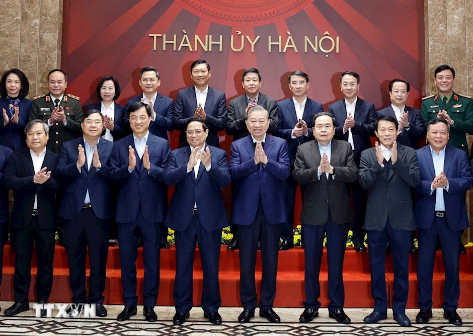 Tổng B&iacute; thư T&ocirc; L&acirc;m, Thủ tướng Phạm Minh Ch&iacute;nh, Chủ tịch Quốc hội Trần Thanh Mẫn v&agrave; c&aacute;c đại biểu. (Ảnh: TTXVN)