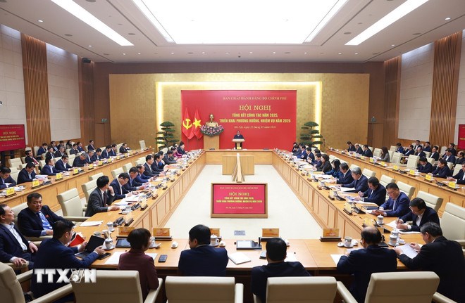 Hội nghị tổng kết c&ocirc;ng t&aacute;c năm 2025 v&agrave; triển khai phương hướng, nhiệm vụ năm 2026 của Ban Chấp h&agrave;nh Đảng bộ Ch&iacute;nh phủ. (Ảnh: TTXVN)