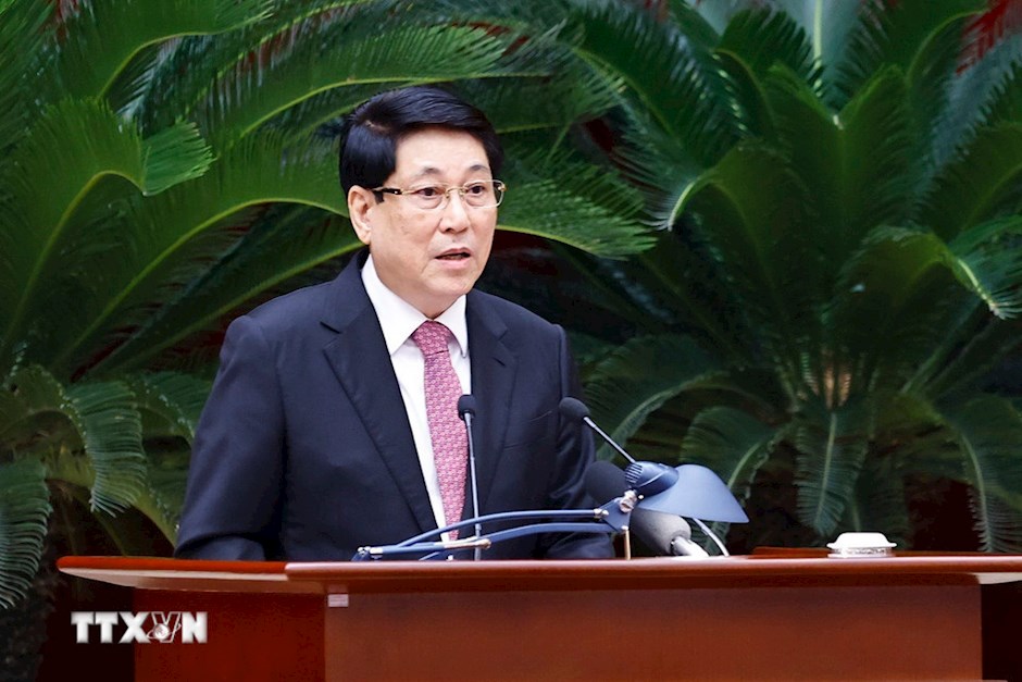 Đồng ch&iacute; Lương Cường, Ủy vi&ecirc;n Bộ Ch&iacute;nh trị, Chủ tịch nước ph&aacute;t biểu. (Ảnh: TTXVN)