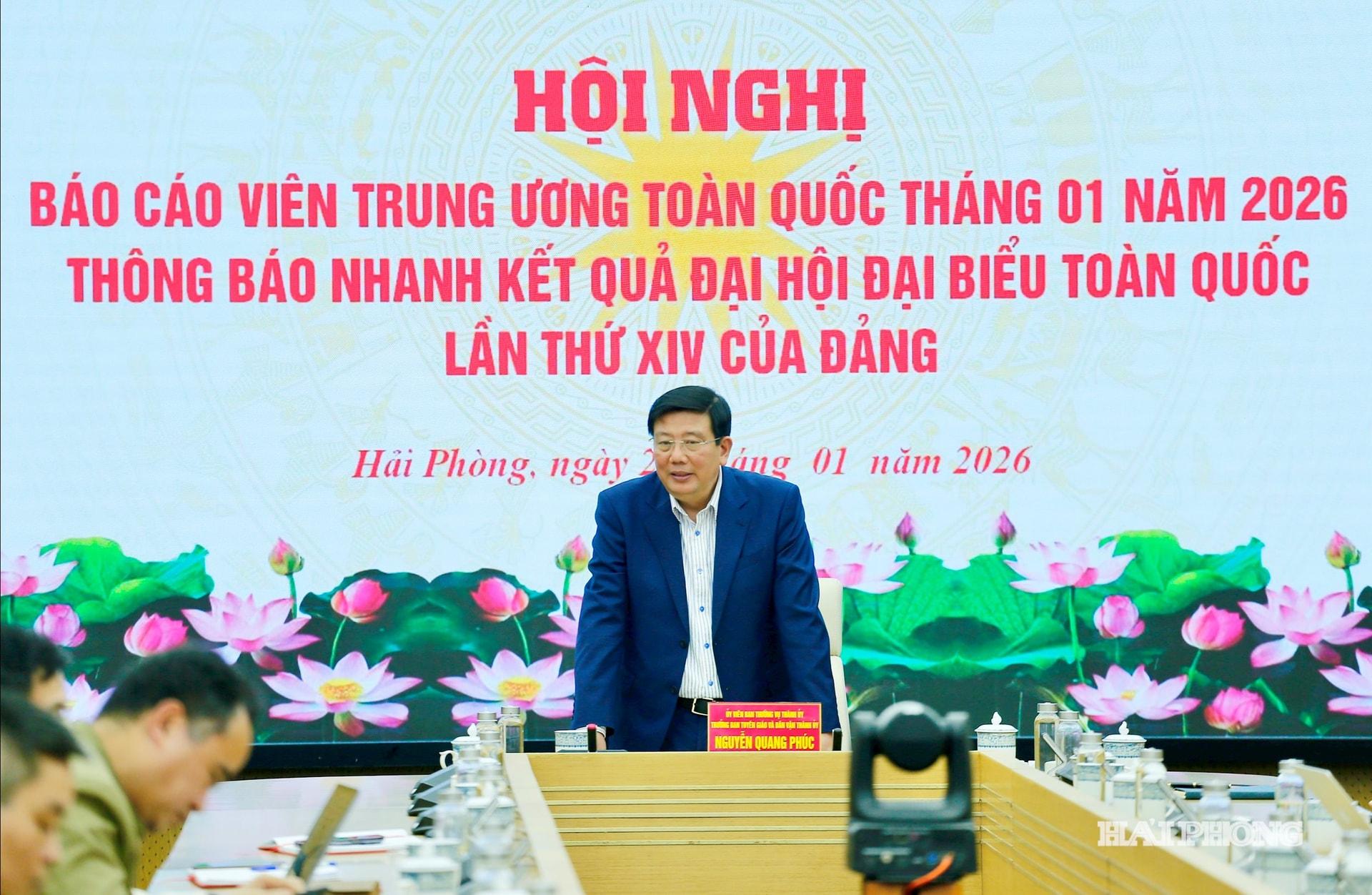 Đồng chí Nguyễn Quang Phúc, Uỷ viên ban Thường vụ Thành ủy, Trưởng ban Tuyên giáo và Dân vận Thành ủy phát biểu chỉ đạo hội nghị tại điểm cầu thành phố Hải Phòng.