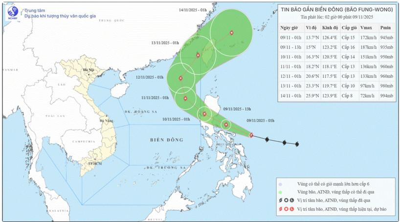 Vị trí và hướng đi của bão. (Nguồn: Trung tâm Dự báo khí tượng Thủy văn Quốc gia)