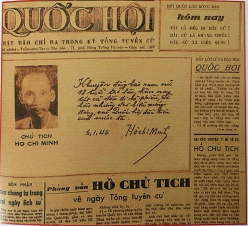 B&aacute;o Quốc hội, số đặc biệt ng&agrave;y 6-1-1946 đ&atilde; tr&acirc;n trọng in ở trang đầu ảnh Chủ tịch Hồ Ch&iacute; Minh v&agrave; cả b&uacute;t t&iacute;ch lời k&ecirc;u gọi của Người. Ảnh tư liệu