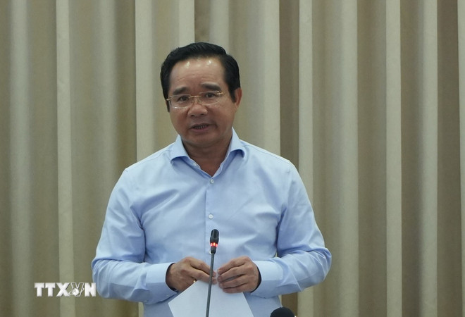 Chủ tịch Ủy ban Nhân dân Thành phố Hồ Chí Minh Nguyễn Văn Được phát biểu. (Ảnh: Hữu Duyên/TTXVN) ttxvn-ong-nguyen-van-duoc.jpg