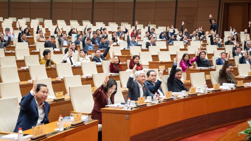 Chủ tịch Quốc hội Trần Thanh Mẫn v&agrave; c&aacute;c đại biểu biểu quyết tại hội nghị. (Ảnh: DUY LINH)