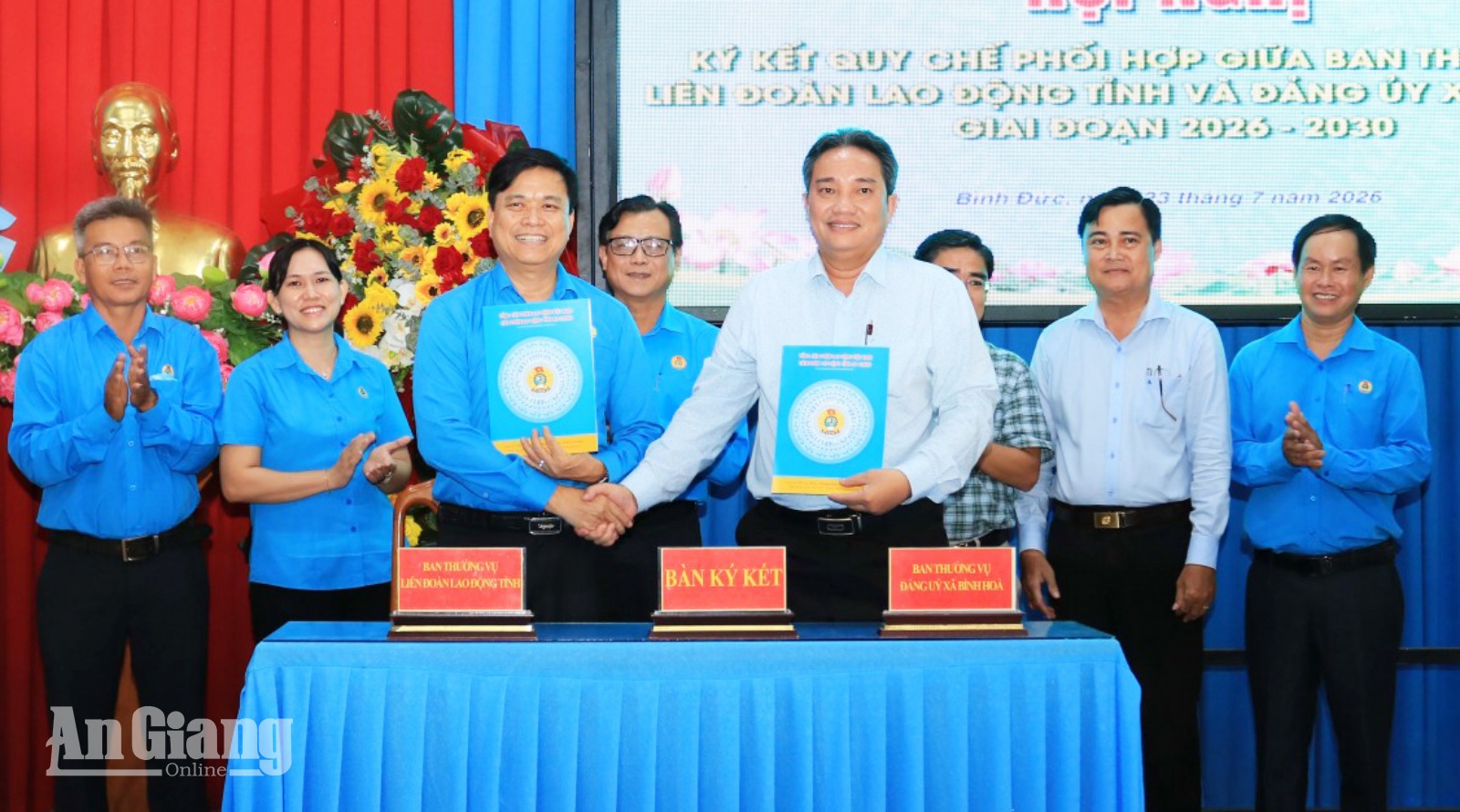 Ban Thường vụ Liên đoàn Lao động tỉnh An Giang ký kết quy chế phối hợp hoạt động giai đoạn 2026 - 2030 với Đảng ủy xã Bình Hòa