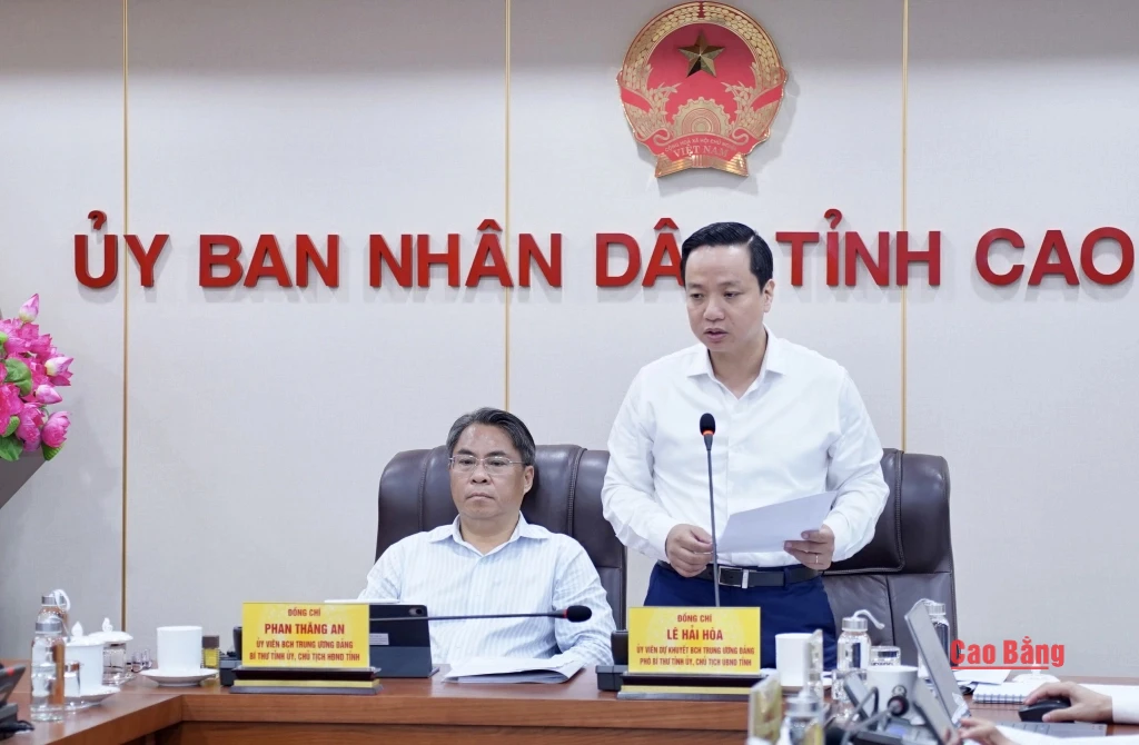 Phó Bí thư Tỉnh ủy, Chủ tịch UBND tỉnh Lê Hải Hòa phát biểu tại buổi làm việc.
